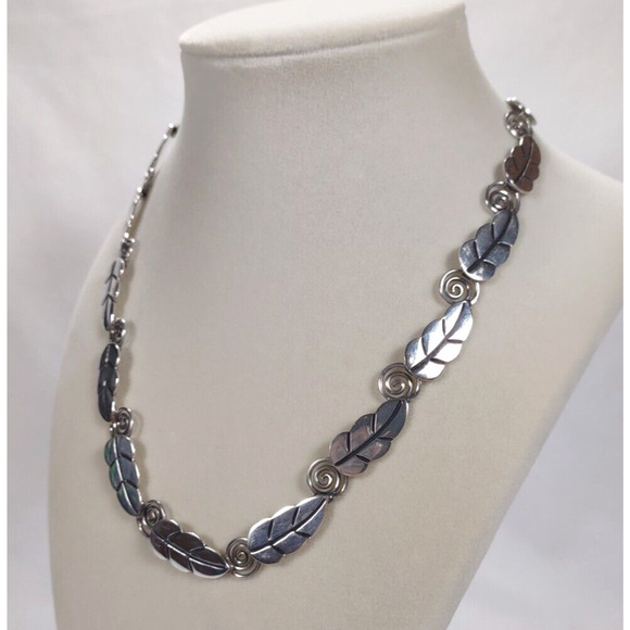 Vintage A or R Muñoz Taxco 925 Sterling Silver Leaf Necklace 17” Handmade Mexico - Picture 5 of 16